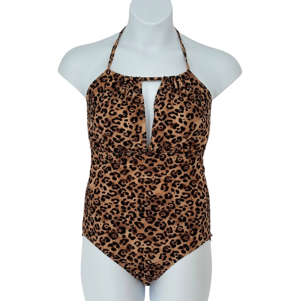Bobbie Brooks Swimsuit Brown Leopard Print Keyhole Halter One Piece XL